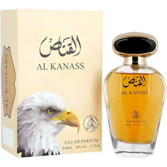 Al kanass eau de parfum in een heldere glazen fles met gouden en zwarte accenten en amberkleurige geur vloeistof