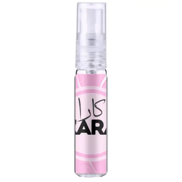 Een roze en wit gestreepte parfumverstuiver met een doorzichtige plastic dop van kara light pink
