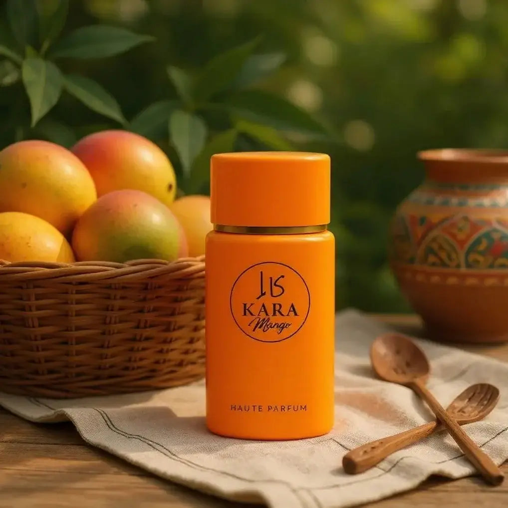 Vibrante oranje cilindervormige parfumfles kara orange met bijpassende dop en zwarte cursieve branding kara mangr