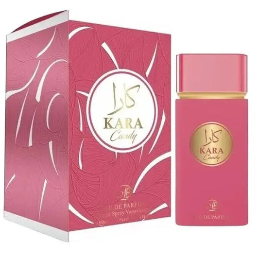 Roze rechthoekige kara pink candy eau de parfum fles met gouden accenten en bijpassende doos met witte bloemenprint