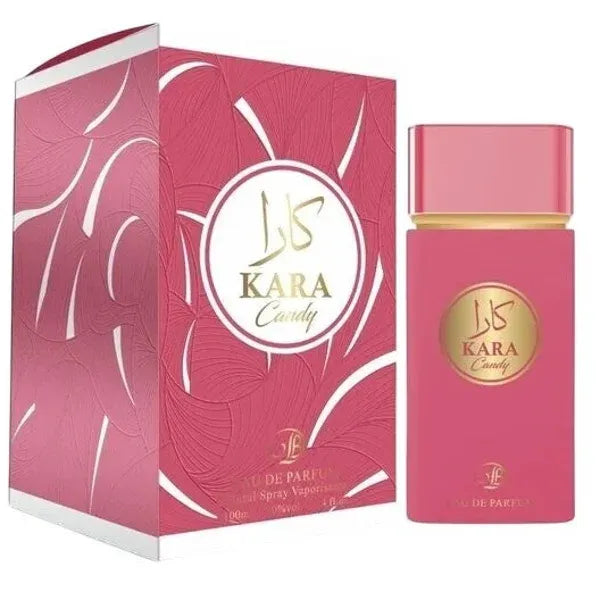 Roze rechthoekige Kara Pink Candy-parfumfles met gouden accenten en gebloemde doos