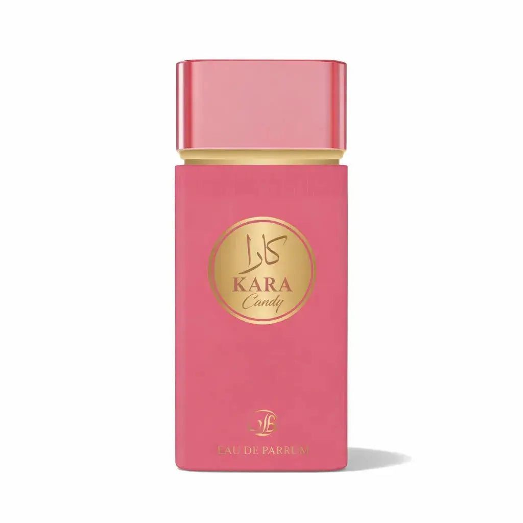 Een slanke rechthoekige roze parfumfles kara pink candy met een metalen dop en gouden accenten