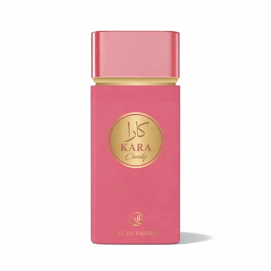 Een slanke rechthoekige roze parfumfles kara pink candy met een metalen dop en gouden accenten