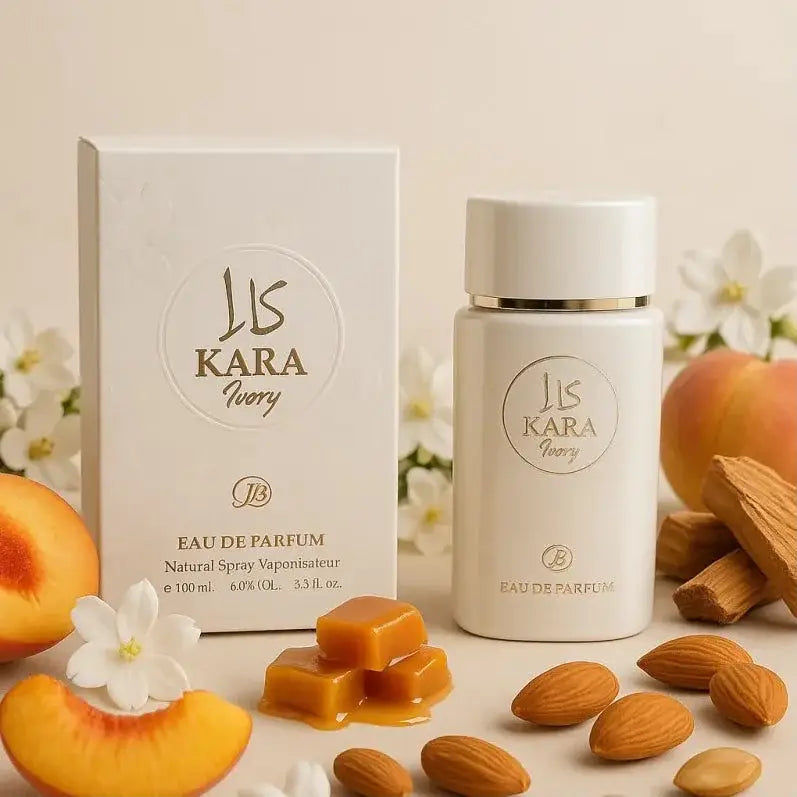 Witte keramische fles js kara ivory eau de parfum met goudaccenten en minimalistische branding kara white