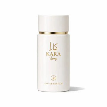 Witte cilindervormige kara ivory eau de parfumfles met gouden letters en band, product kara white