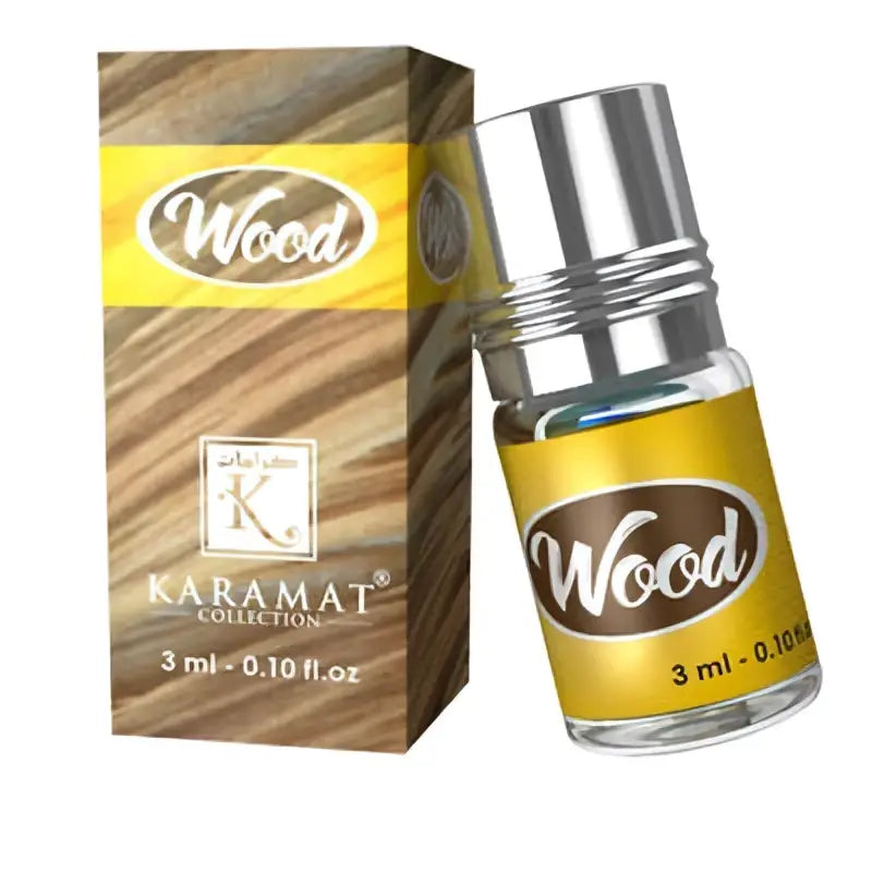 Zilverkleurige glazen fles houtgeur van de karamat collectie met geel etiket en bruine ovale branding 3ml