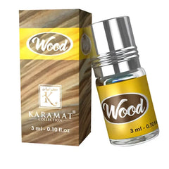 Zilverkleurige glazen fles houtgeur van de karamat collectie met geel etiket en bruine ovale branding 3ml