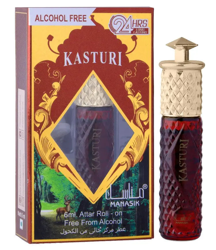 Een rode kasturi attar roll-on fles met diamantpatroon en goudkleurige dop met reliëfmerk