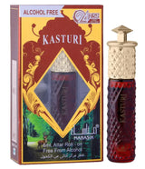 Een rode kasturi attar roll-on fles met diamantpatroon en goudkleurige dop met reliëfmerk