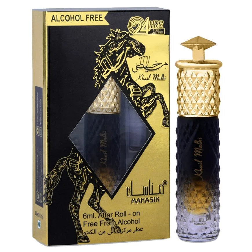 Alcoholvrije parfum roll-on Khail Malki met gouden dop en zwart-paarse glazen design