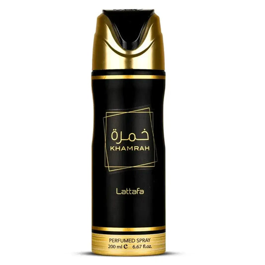 Zwarte en goudkleurige aerosol bus lattafa khamrah geparfumeerde spray voor gebruik als khamrah deodorant