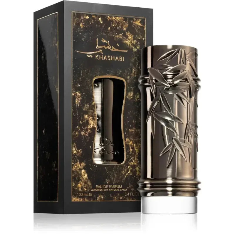 Zilverkleurige khashabi parfumfles met bamboethema en gedetailleerde bladeren in metallic afwerking
