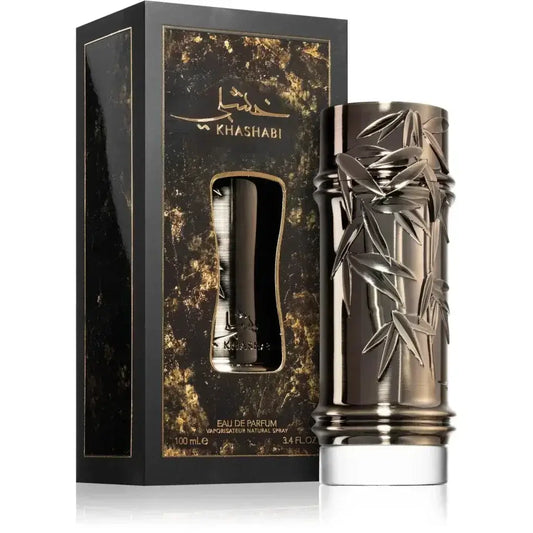 Zilverkleurige khashabi parfumfles met bamboethema en gedetailleerde bladeren in metallic afwerking