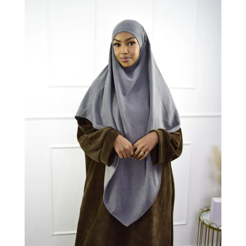 Grijze khimar corduroy velvet met bruine mouwen en modern design