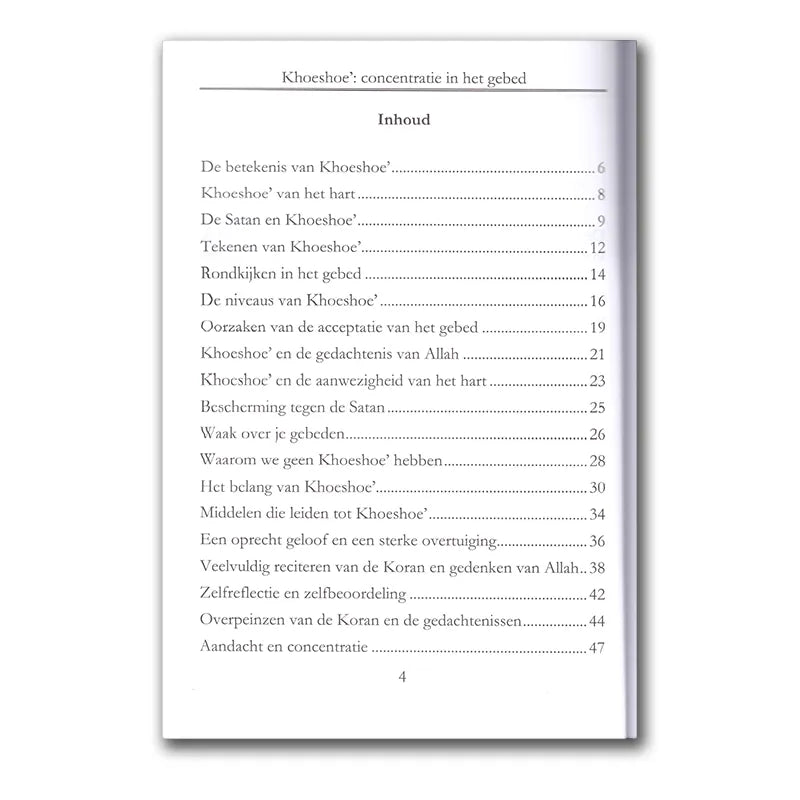 Vierpagina’s booklet over Khoesboe met inhoudsopgave en genummerde secties