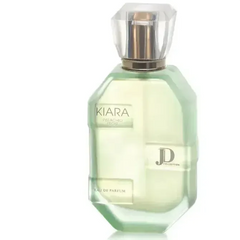 Een elegant lichtgroen glazen parfumflesje kiara pistachio frost edp met een geslepen kristallen dop en goudkleurige accenten