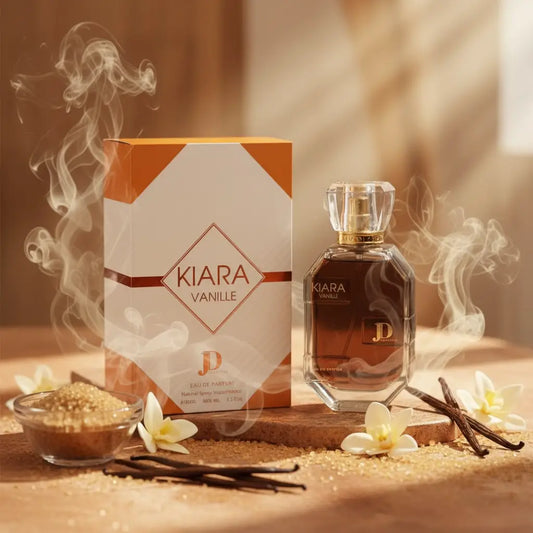 Een strak facetgeslepen glazen fles kiara vanille eau de parfum met een goudkleurige dop en een kristallen sluiting