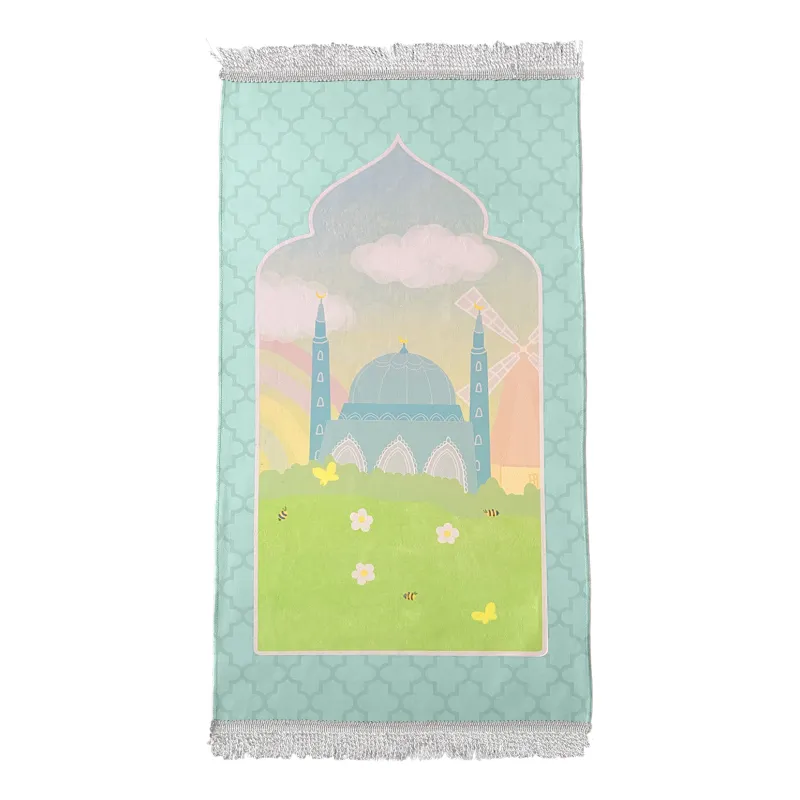 Pastelgroene gebedskleed met moskee en landschap design door Hamza Boek Design