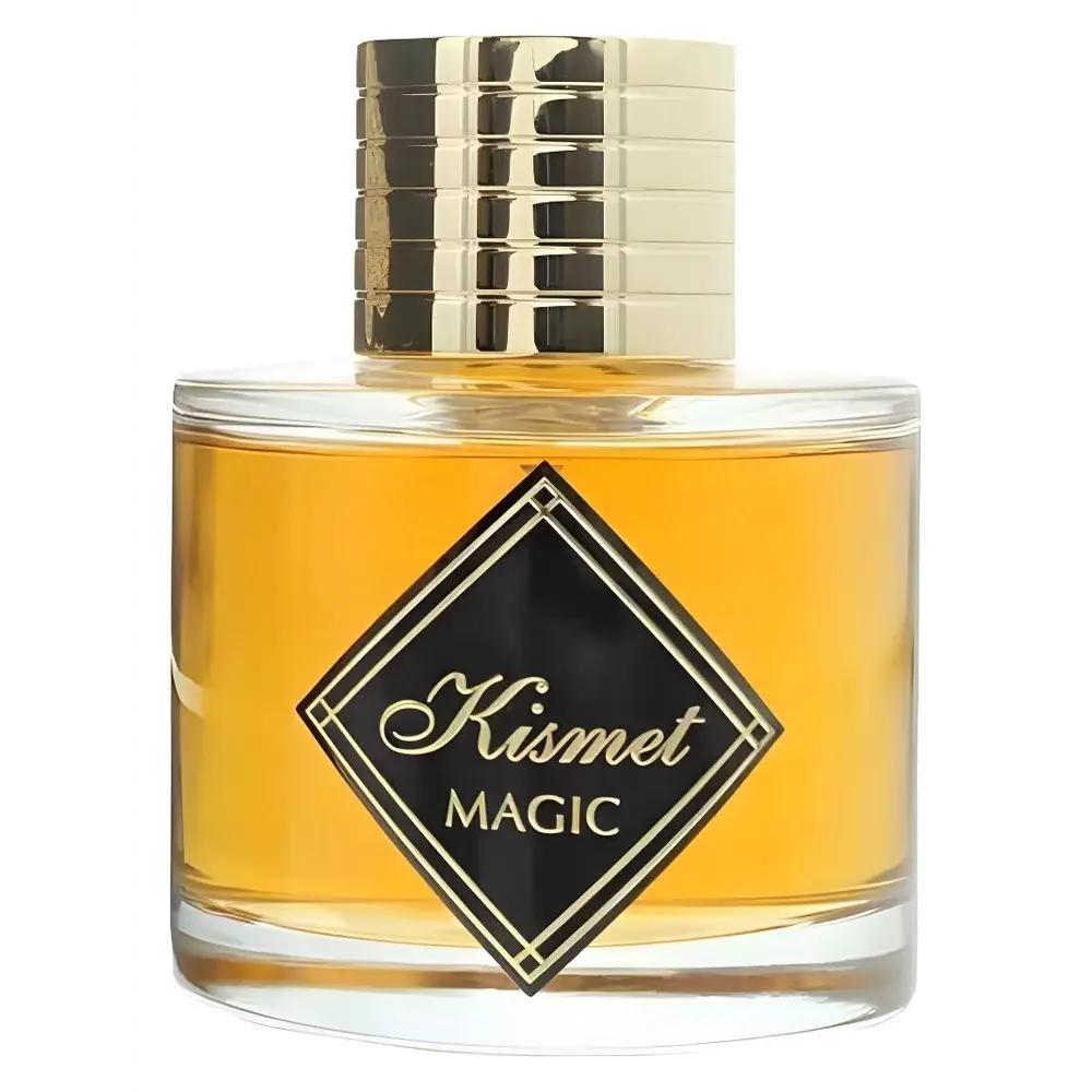 Een helder glazen flesje kismet magic parfum met een goudkleurige geribbelde dop en een zwart label met goudkleurige letters