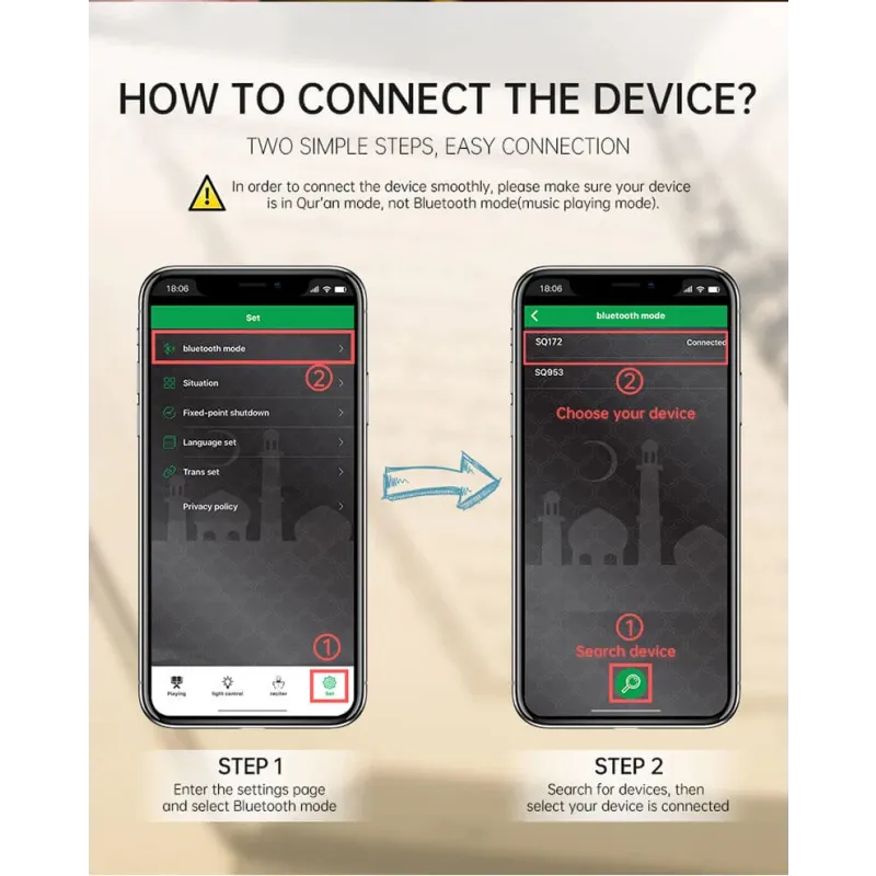 Stapsgewijze instructies voor Bluetooth-verbinding met de SQ172 Kleurrijke Aardelamp Quran Speaker