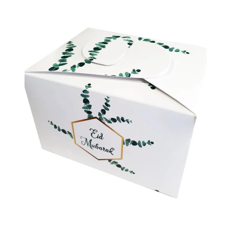 Mooie voedselveilige doos voor Eid met groene blad en Eid Mubarak tekst