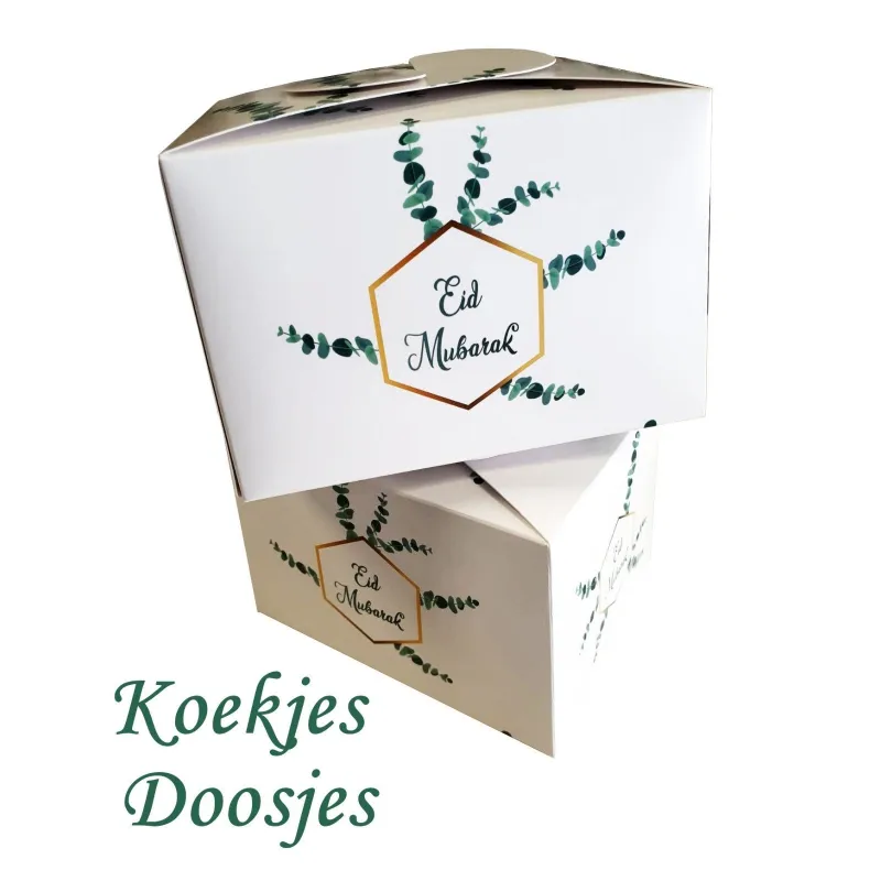 Mooie voedselveilige doos voor Eid met groene bladeren en gouden hexagoon