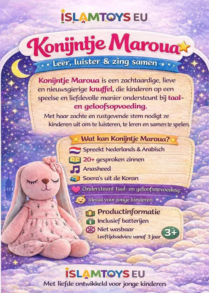 Roze pluchen konijntje maroua interactieve islamitische pop in een jurk met patroon en strik op het hoofd