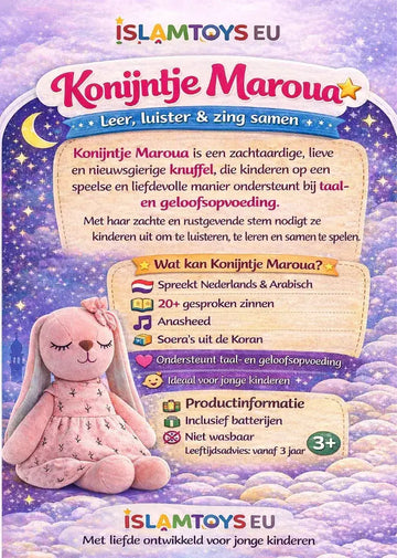 Roze pluchen konijntje maroua interactieve islamitische pop in een jurk met patroon en strik op het hoofd