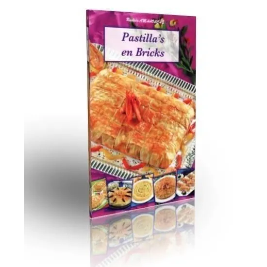 Kookboek pastilla en bricks met grote foto van hartige bladerdeeghapje en kleinere gerechten