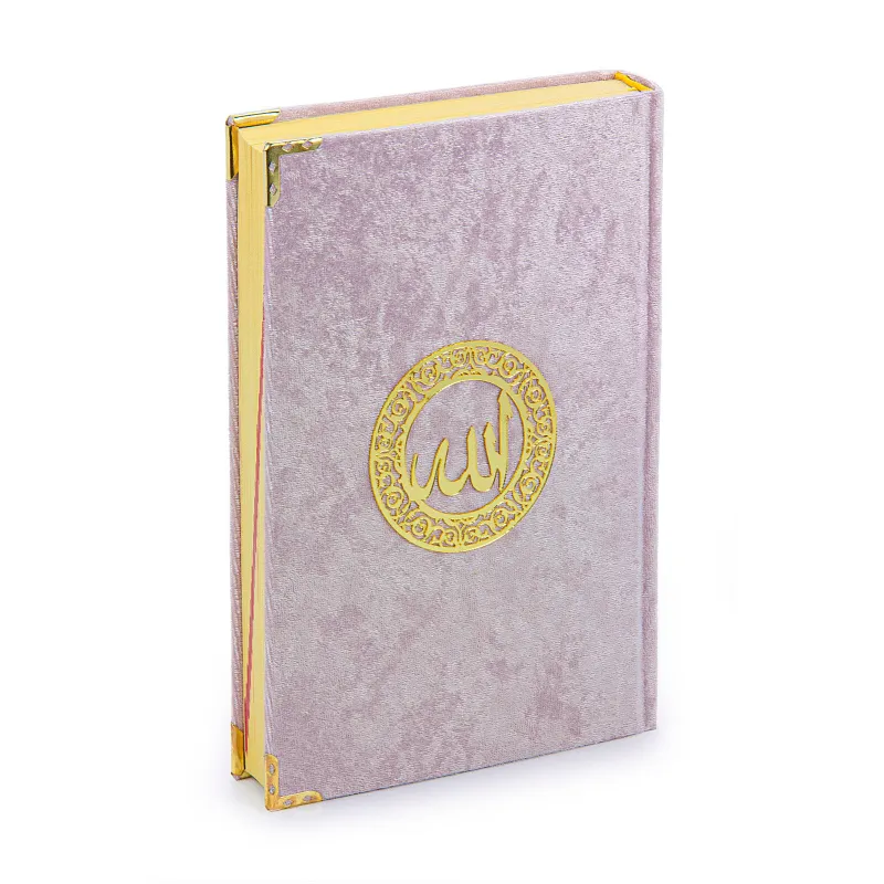 Ornate, lavender fluweel beklede Koran met luxe gouden accenten in Koranbox