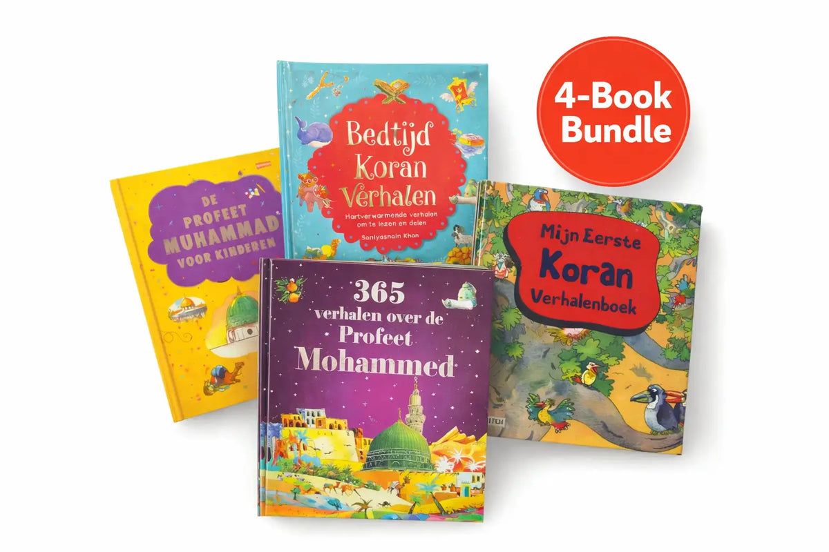 Kleurige kinderboekbundel koranverhalen en verhalen over profeet mohammed met vier illustratieve covers in geel blauw paars en groen