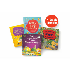 Kleurige kinderboekbundel koranverhalen en verhalen over profeet mohammed met vier illustratieve covers in geel blauw paars en groen