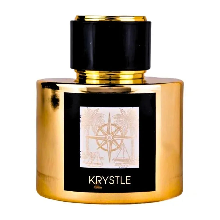Goldkleurige parfumfles met zwarte dop en kompasrooslabel voor Krystle parfumproduct