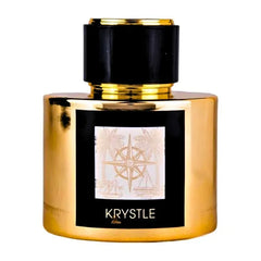 Goldkleurige parfumfles met zwarte dop en kompasrooslabel voor Krystle parfumproduct