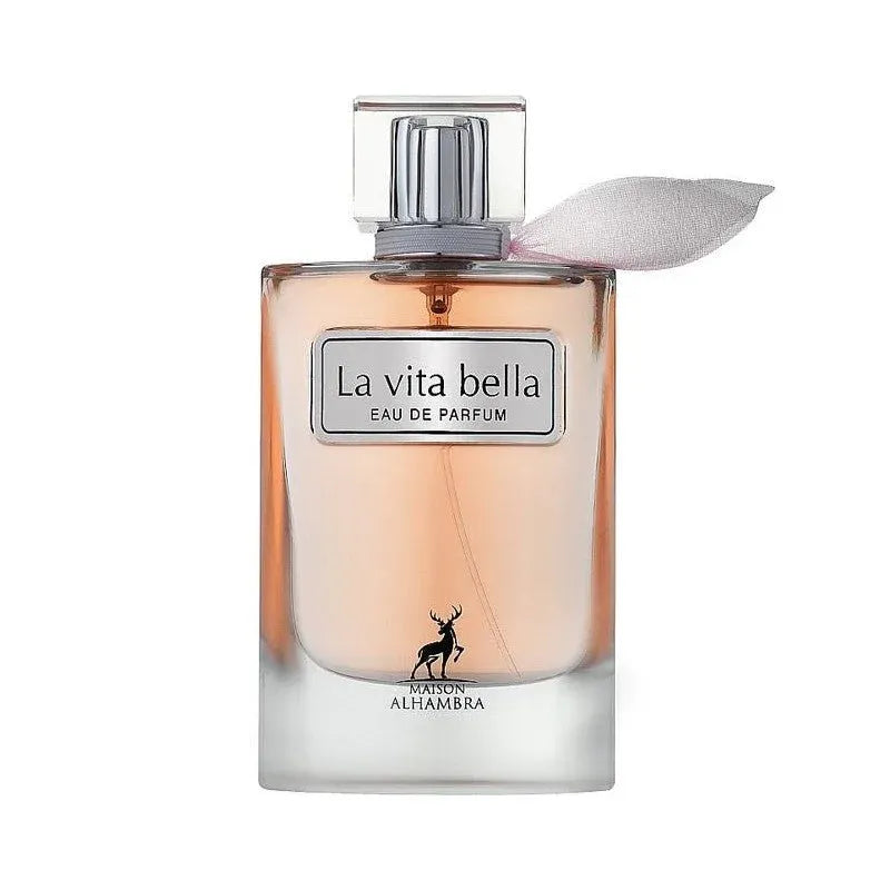 Peach-colored La Vita Bella parfum met een hertlogo en zilveren dop
