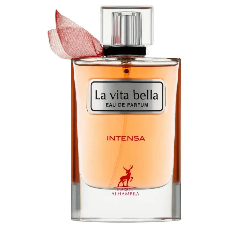 Glazen parfumfles met perzikkleurige geur La Vita Bella Intensa en hertlogo