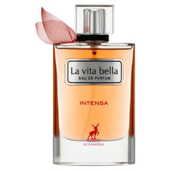 Glazen parfumfles met perzikkleurige geur La Vita Bella Intensa en hertlogo