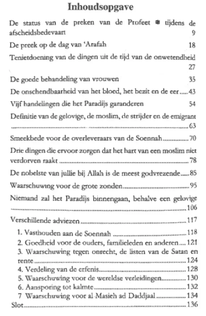 De inhoudsopgave van het boek de laatste adviezen van de profeet mohammed ﷺ in zwart op wit papier