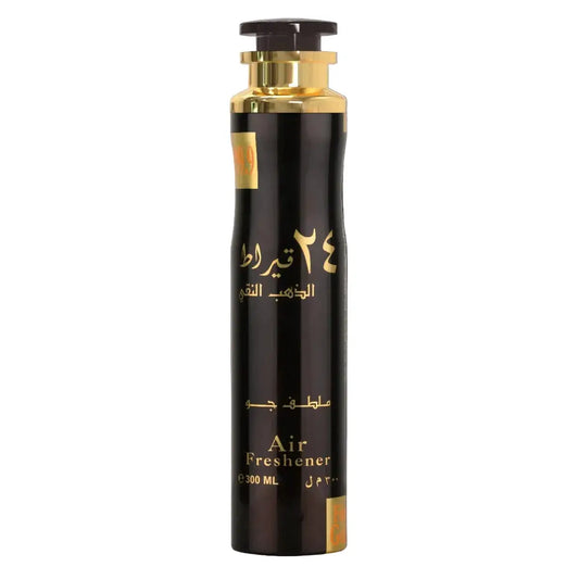 Lattafa 24 carat pure gold zwarte cilindrische luchtverfrisser met gouden accenten en arabisch schrift en metalen dop