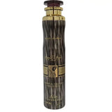 Een 300 ml lattafa air freshener sheikh al shuyukh sprayfles met donker houtnerf en gouden accenten