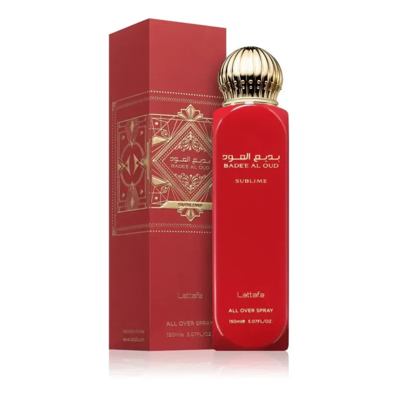 Red parfumfles met gouden dop en bijpassend doosje voor Lattafa All Over Spray Badee al Oud Sublime