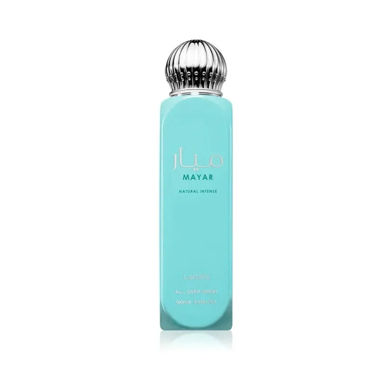 Turquoise spray Mayar Intense van Lattafa All met zilveren dop op productpagina