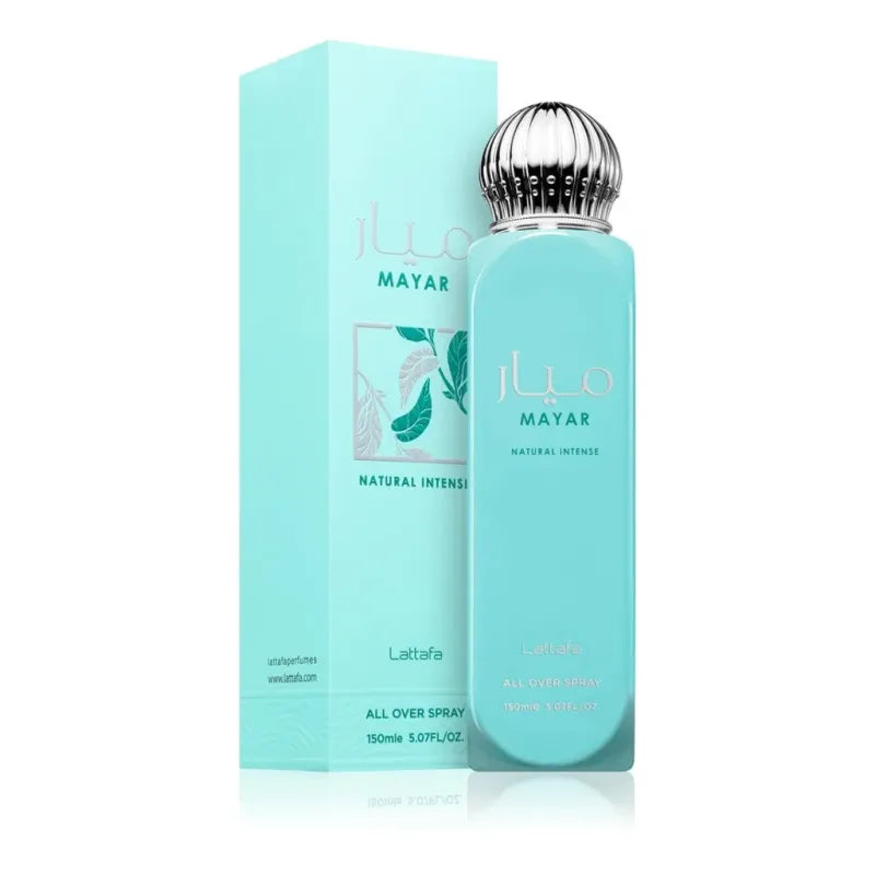 Turquoise spray Mayar Intense van Lattafa All met zilveren dop voor parfumdoos