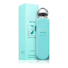 Turquoise spray Mayar Intense van Lattafa All met zilveren dop voor parfumdoos