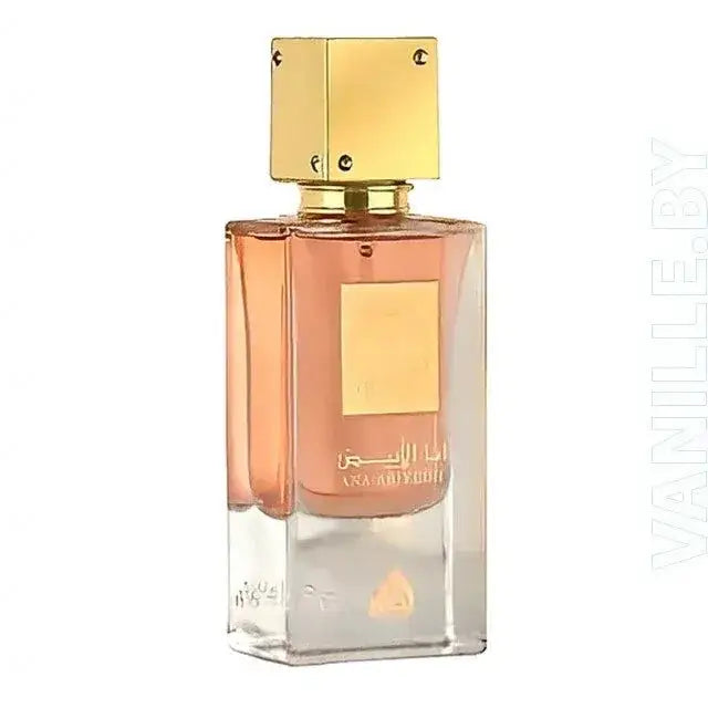 Een rechthoekige glazen parfumfles lattafa parfum ana abiyedh poudrée met gouden dop en perzikkleurige geur