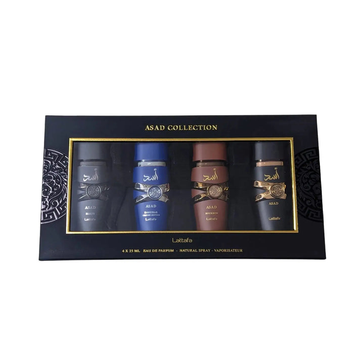Lattafa asad collection 4 x 25 ml parfumset met zwarte en gouden flessen in verschillende kleuren