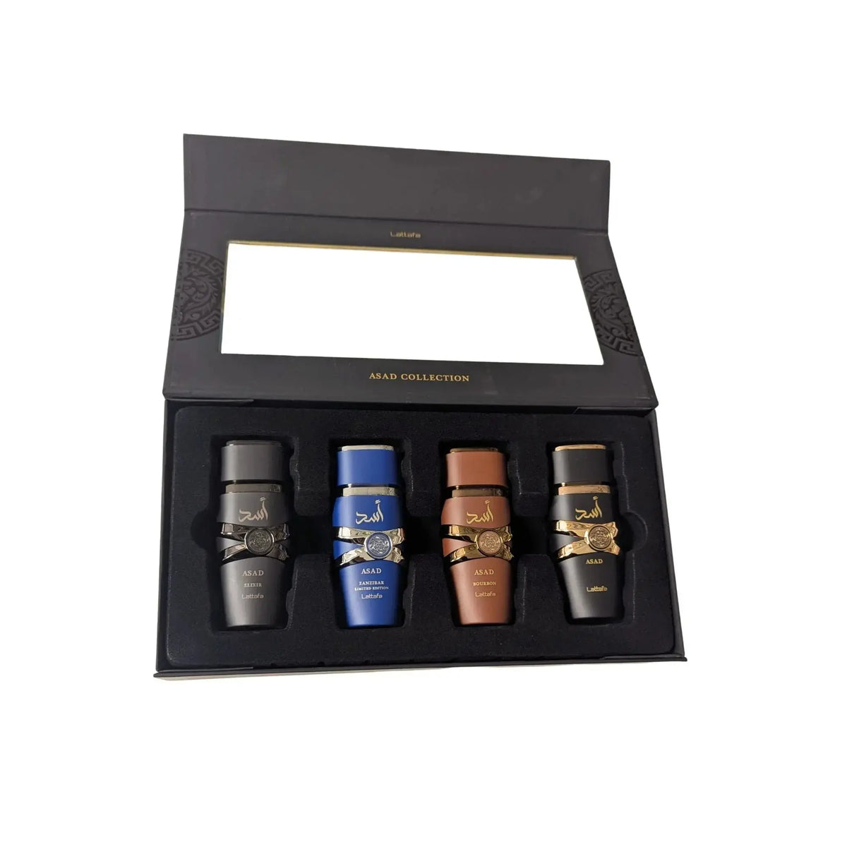 Lattafa asad collection 4 x 25 ml luxe geschenkdoos met vier parfumflessen in grijs blauw bruin en zwart met gouden accenten