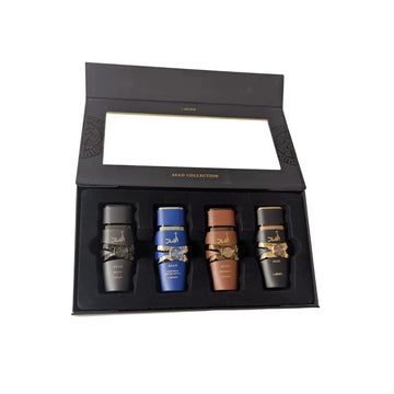 Lattafa asad collection 4 x 25 ml luxe geschenkdoos met vier parfumflessen in grijs blauw bruin en zwart met gouden accenten