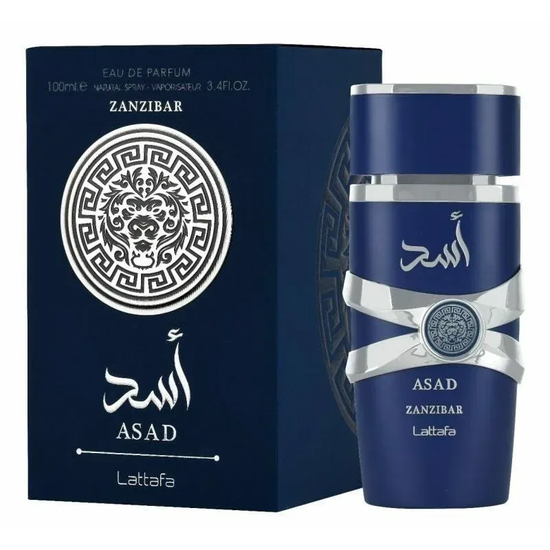 Navy blue Lattafa Asad Zanzibar parfumfles en doos met Arabische schrift en medaillon