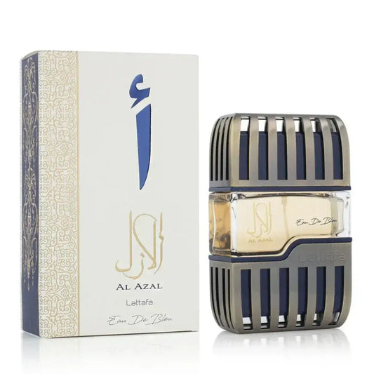 Lattafa al azal eau de bleu parfumfles met een slank metallic kooi ontwerp en marineblauwe accenten rondom glazen fles
